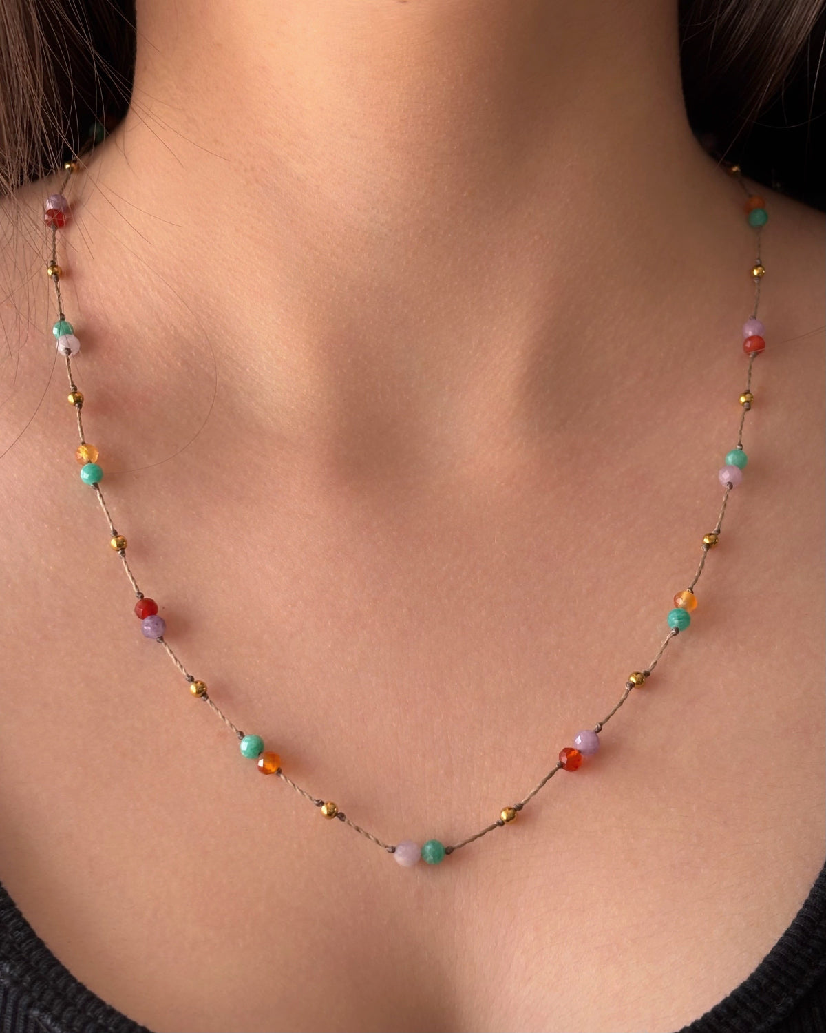 Collier PRIA LONG - Amazonite, Lépidolite & Cornaline