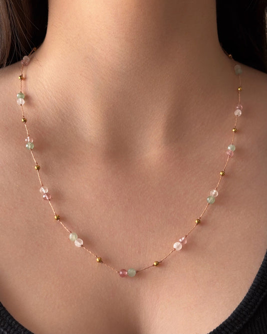 Collier PRIA LONG - Aventurine Verte, Quartz Rose & Quartz Fraise