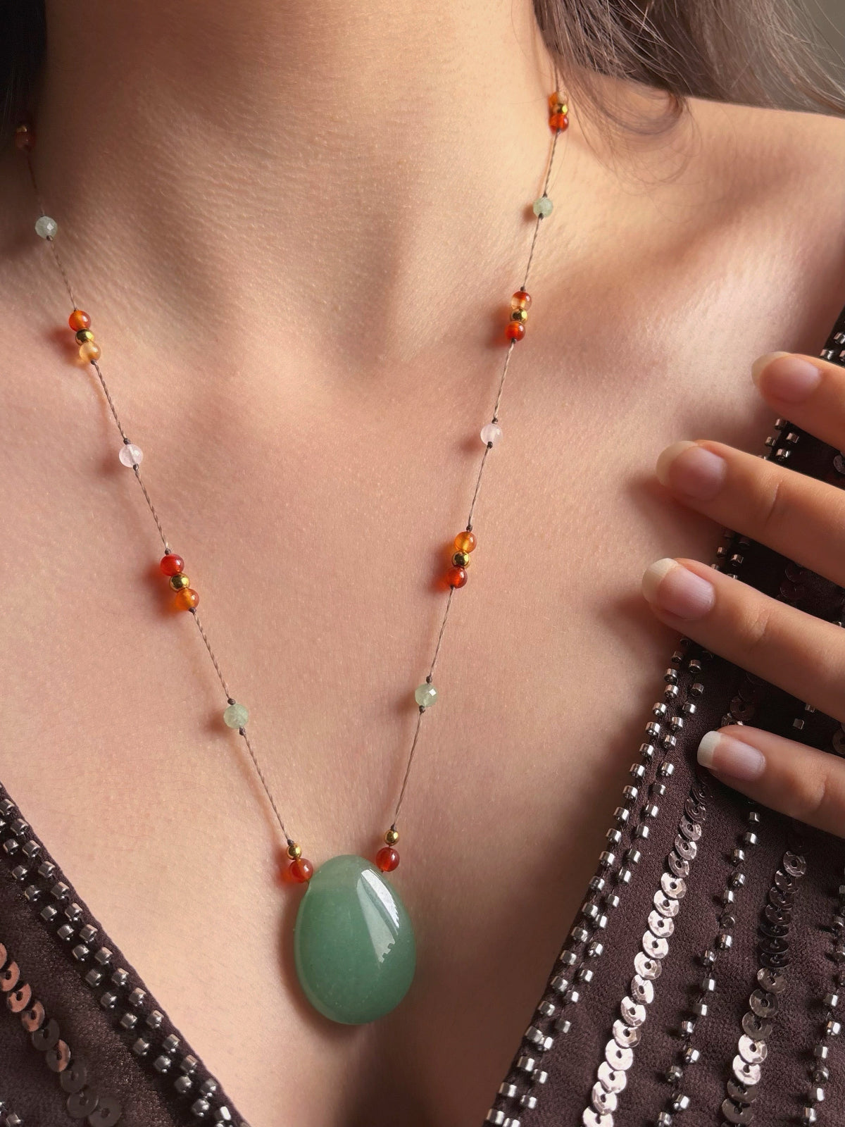 Collier LUMA Aventurine Verte - Cornaline & Quartz Rose
